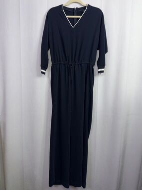 Ralph Lauren Womens Wide Leg Jumpsuit Sz 4 Navy 3/4 Sleeves V Neck Nautical